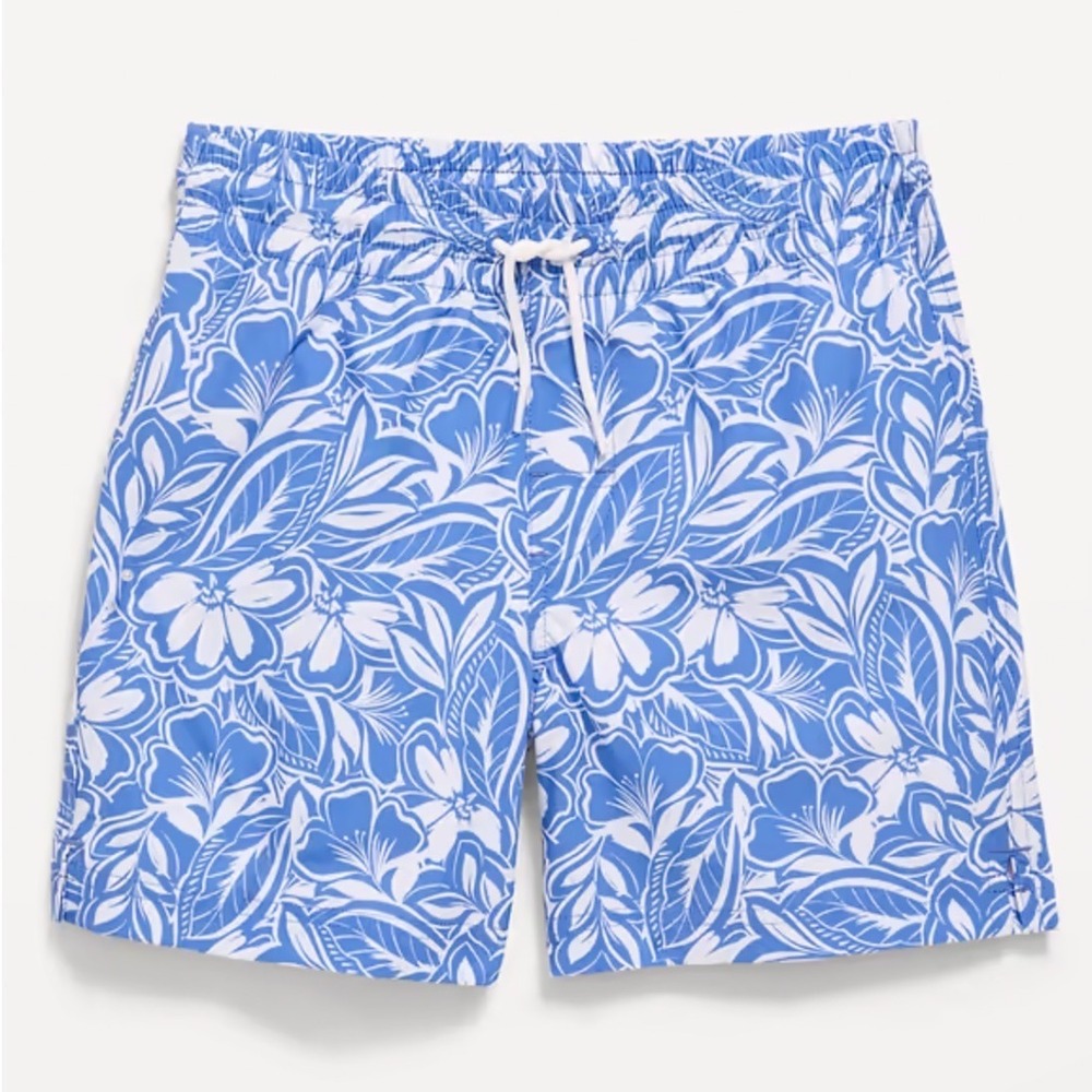 Old Navy Boys Blue White Floral Hibiscus Swim Trunks Board Shorts XS 5 UPF 50